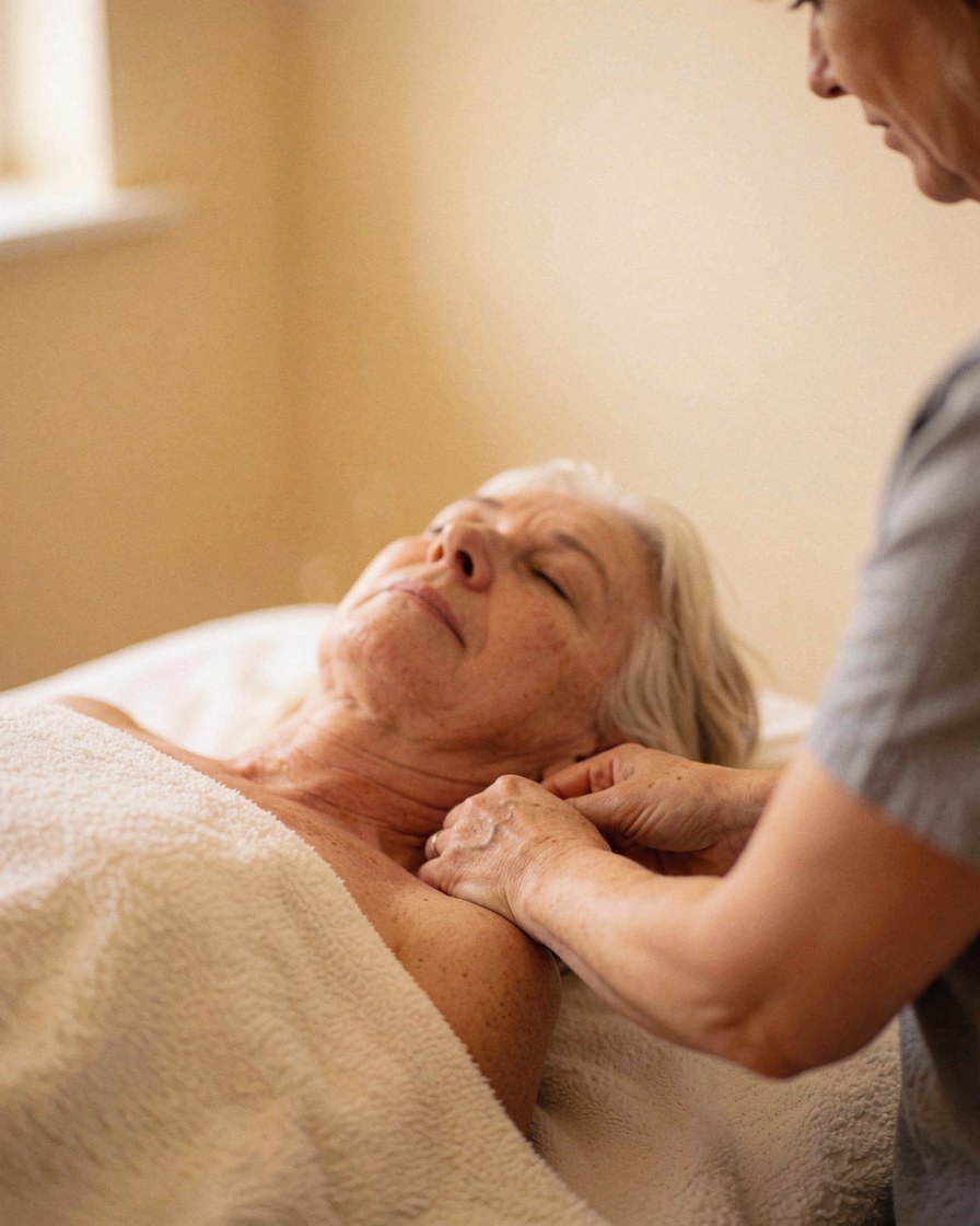 Therapist applying gentle neck massage to client on white table in relaxing beige salon setting