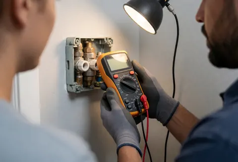 Plumber wearing gloves checks a valve box with a multimeter against a light gray wall during plumbing service.