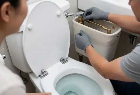 A plumber adjusts the float arm on a white toilet in a tiled bathroom.