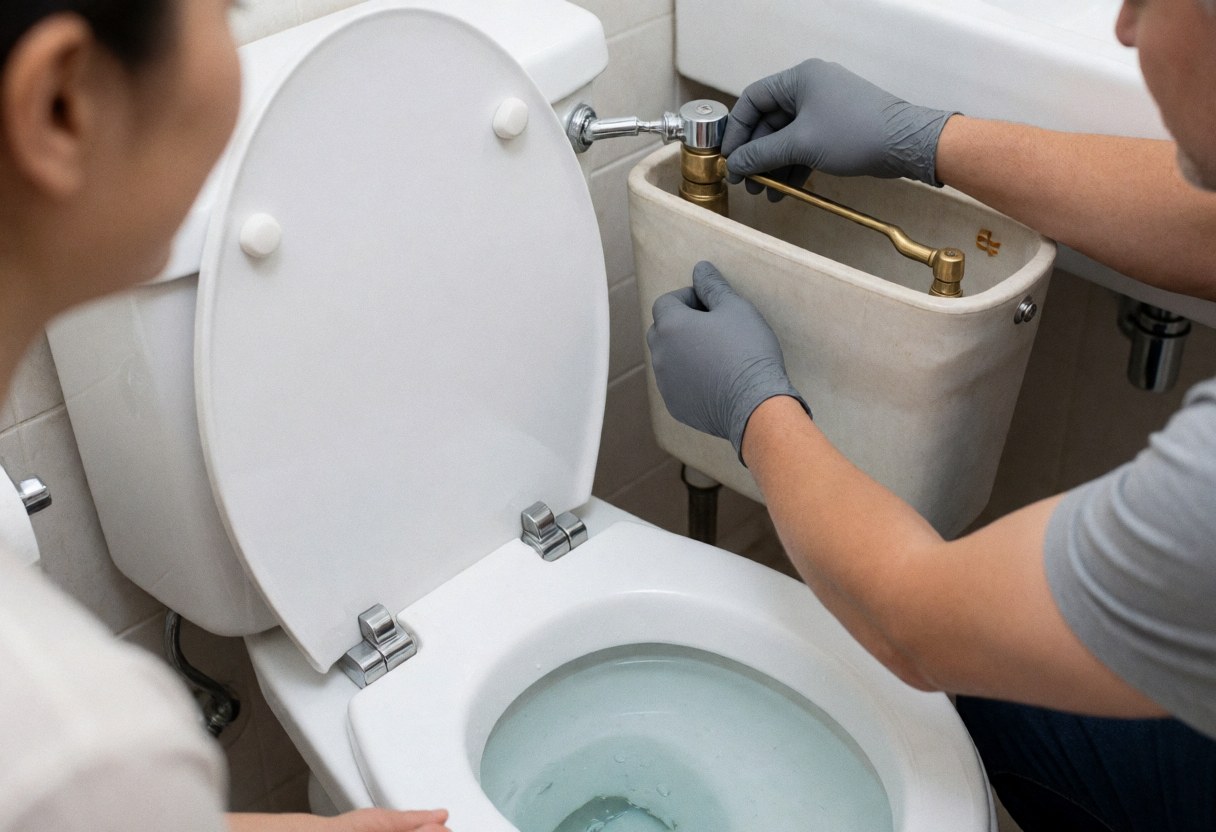 A plumber adjusts the float arm on a white toilet in a tiled bathroom.