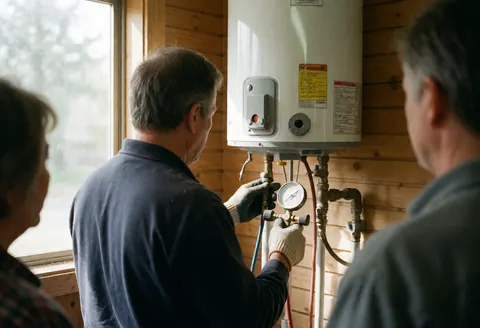 Plumber adjusting pressure switch on white boiler with wooden walls and natural light while three people observe the service