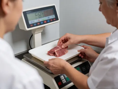Hands weighing fresh meat on a digital scale in a clean grocery store setting