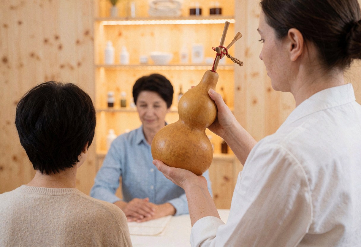 A practitioner holds a gourd with sticks while attending to a seated client in a room with wooden shelves and walls.