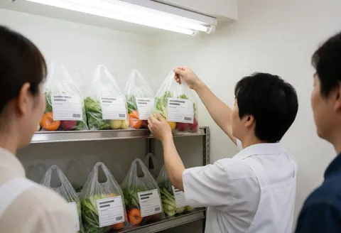 Grocery store worker placing a bag of vegetables onto a metal shelf in a clean minimarket with white walls and fluorescent lighting