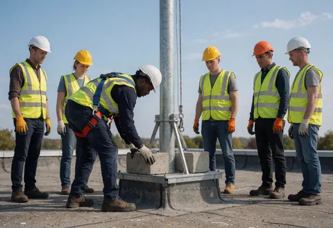 Antenna installers placing concrete blocks on a metal base structure atop a flat roof while wearing safety vests and helmets.