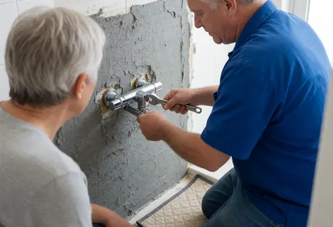 Plumber in blue shirt installs chrome shower valve on gray wall while client watches