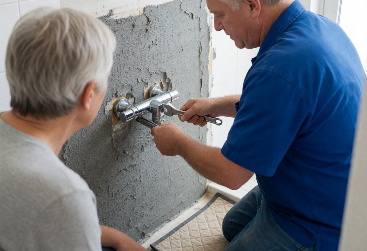 Plumber in blue shirt installs chrome shower valve on gray wall while client watches