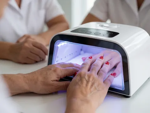 Close-up of hands with red nail polish being cured under a UV lamp at a nail salon