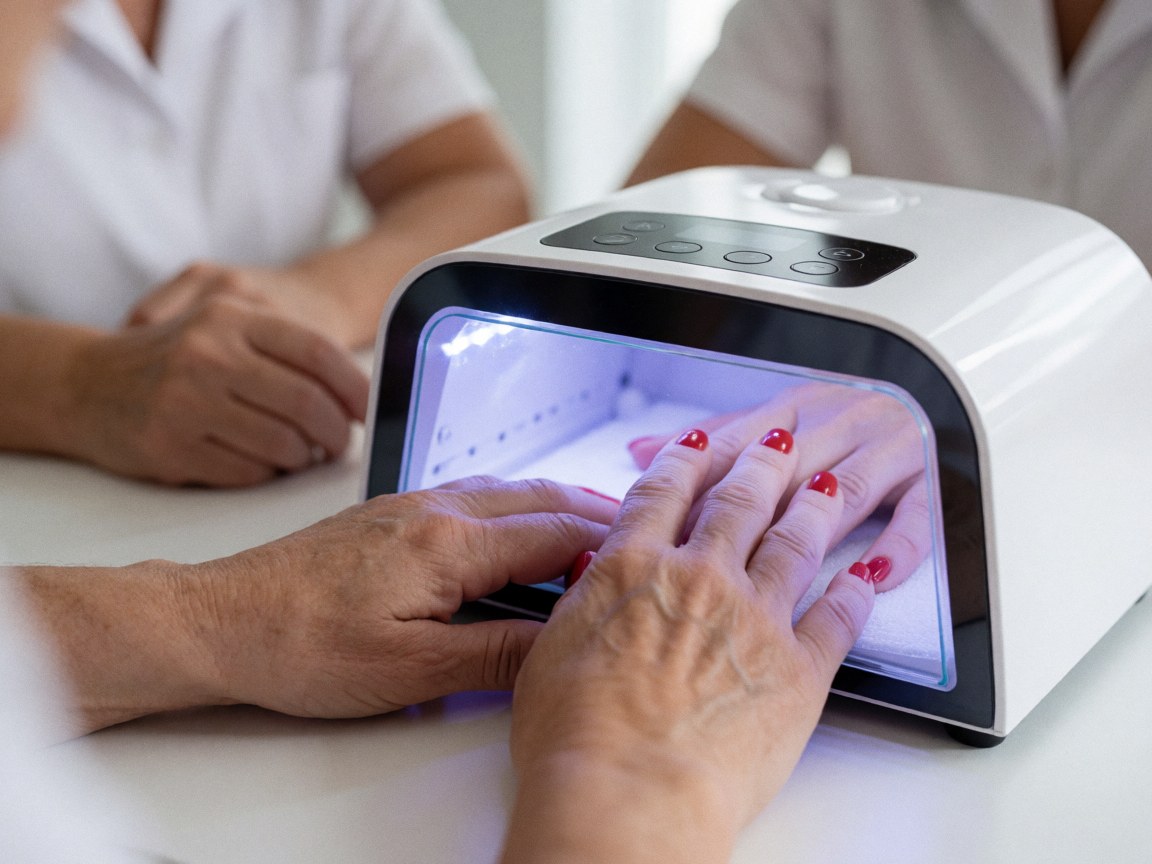 Close-up of hands with red nail polish being cured under a UV lamp at a nail salon