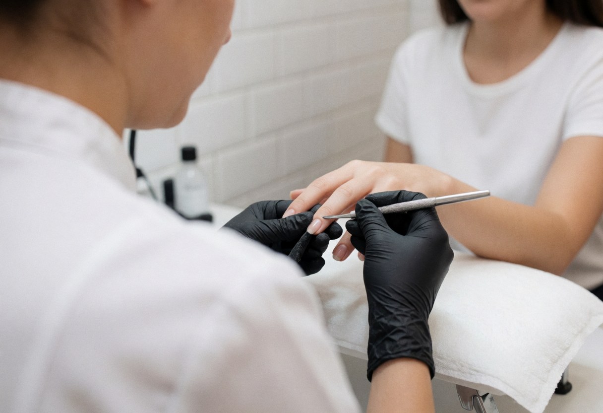 Nail technician wearing black gloves using a metal file on a client's nails in a salon with white tiled walls