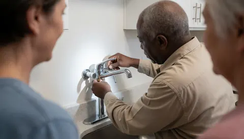 A plumber installs a chrome faucet on a white kitchen countertop next to a sink with white walls.