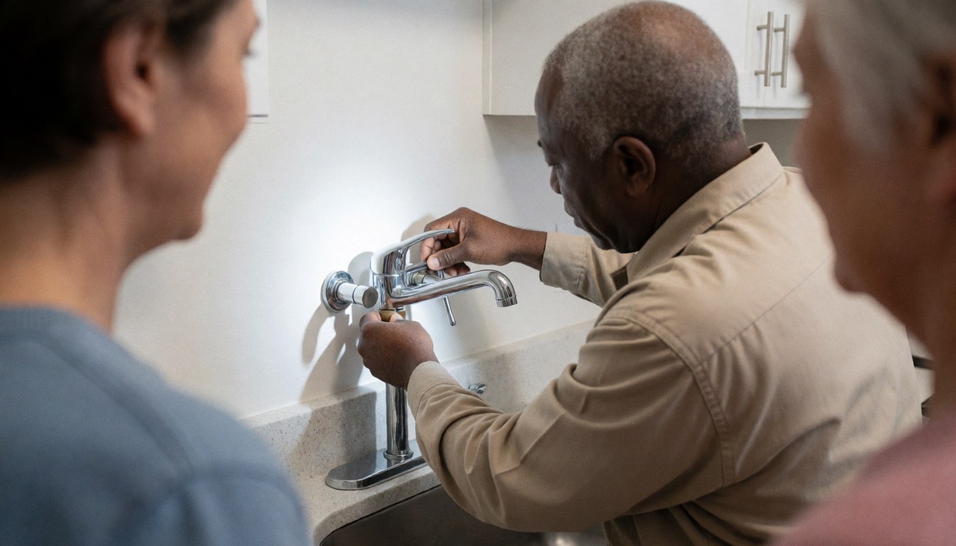 A plumber installs a chrome faucet on a white kitchen countertop next to a sink with white walls.