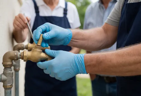 Close-up of gloved hands tightening a brass valve on an outdoor pipe during plumbing service