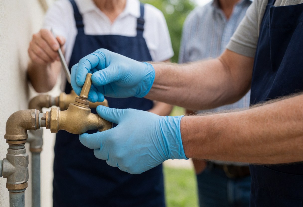 Close-up of gloved hands tightening a brass valve on an outdoor pipe during plumbing service