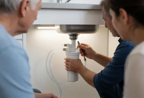 Plumber connects polyethylene tube to canister filter under stainless steel sink with LED light and white walls