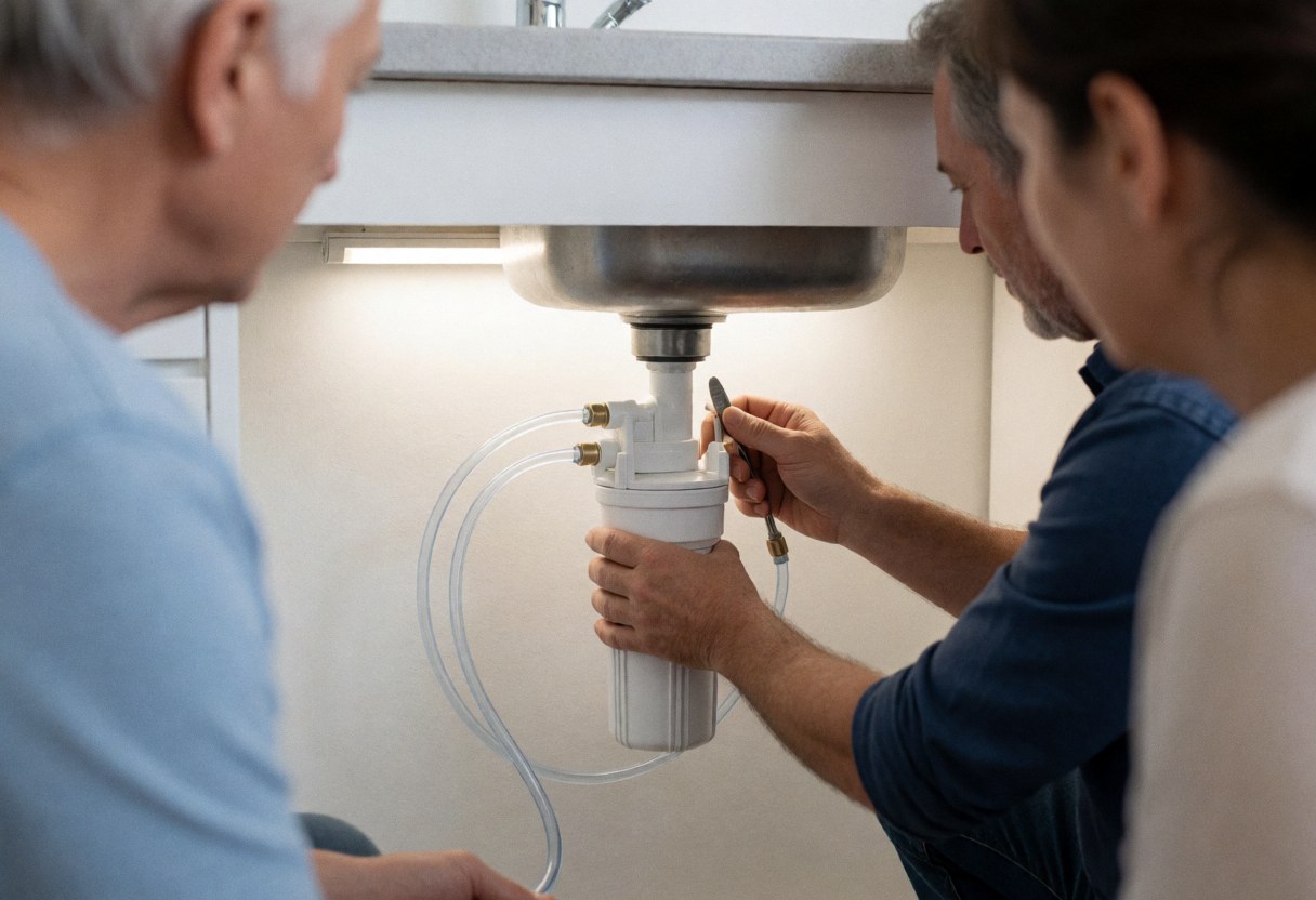 Plumber connects polyethylene tube to canister filter under stainless steel sink with LED light and white walls