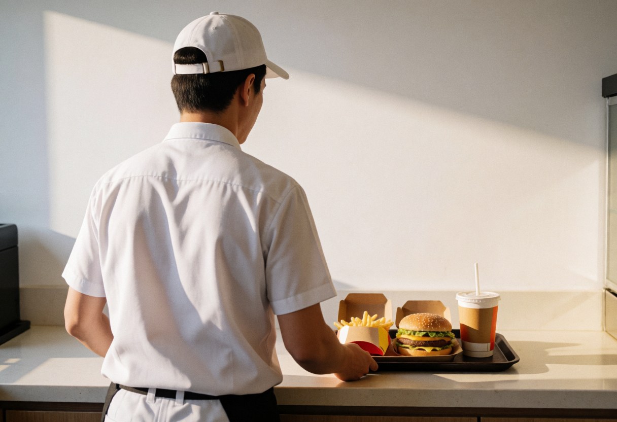 Employee placing a burger combo with fries and drink on a white counter under warm light
