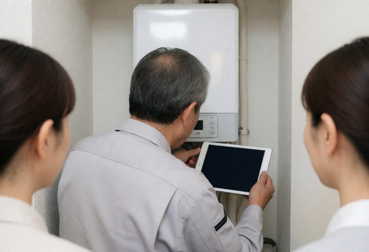 A plumber checks a water heater using a tablet while two people watch from behind in a room with white walls and soft lighting.