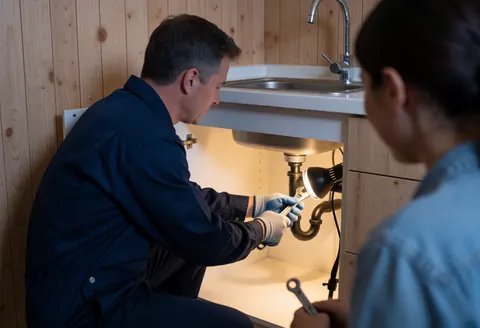 Plumber repairing a drain pipe under a sink with work light, wooden wall, plumbing service