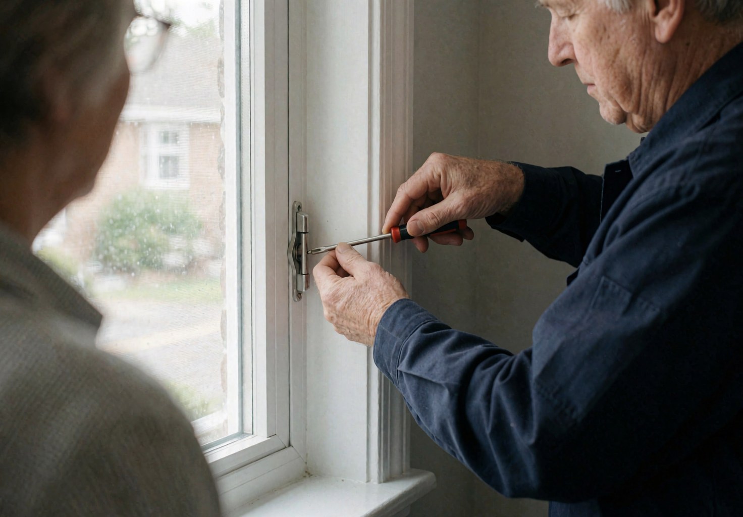 A technician uses a screwdriver to adjust a white window hinge against a light gray wall in natural light.