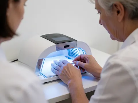 Nail technician wearing gloves curing nails under uv light in a modern salon with white walls