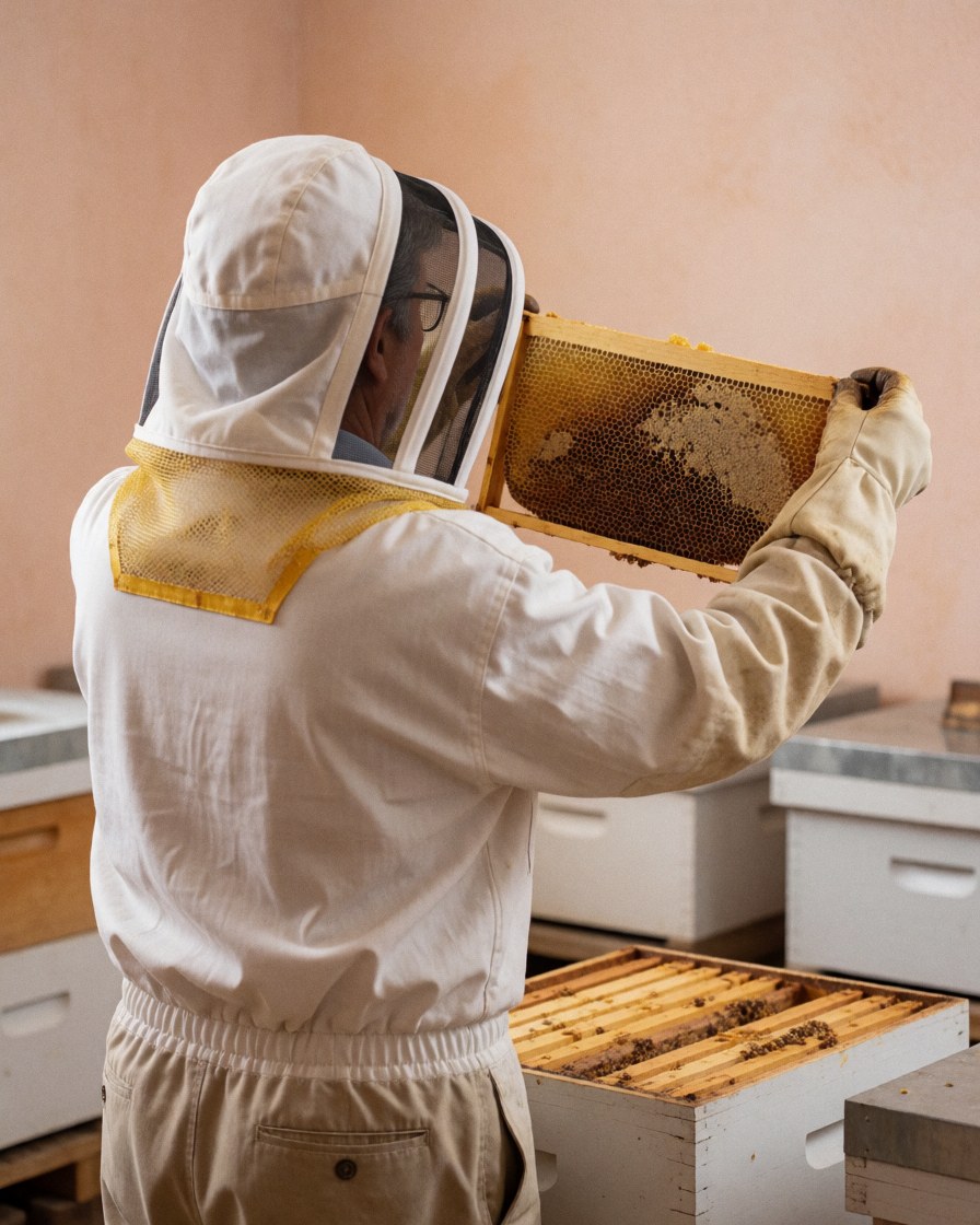 Beekeeper in protective gear examines a honeycomb frame in rural apiary setting