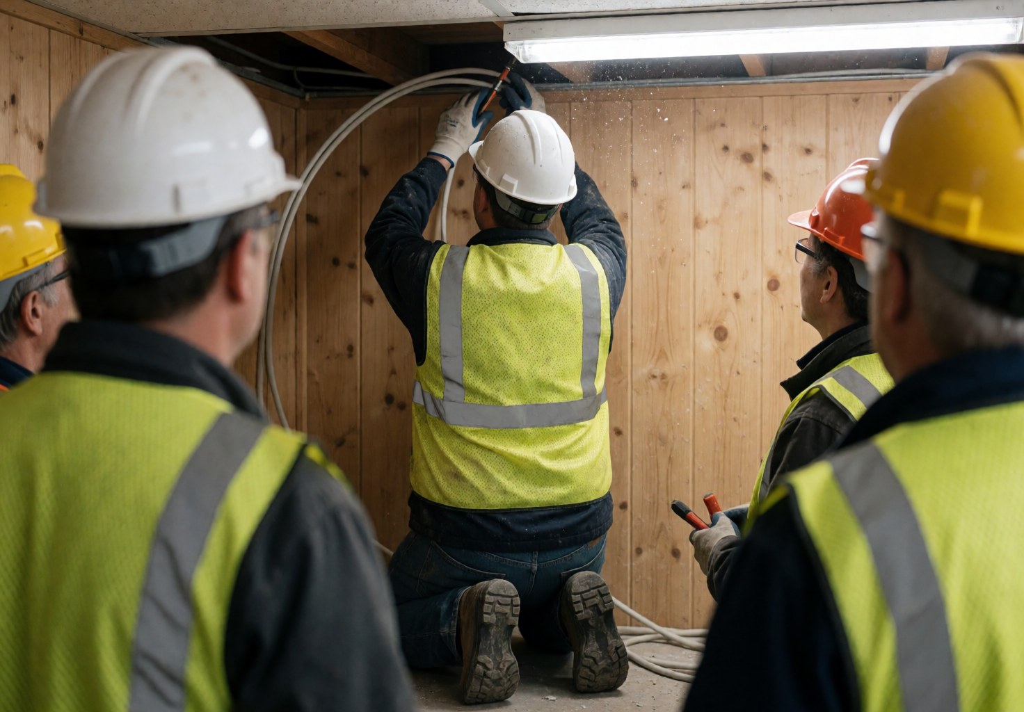 Electrician wearing helmet and vest installing wire in wooden ceiling while other workers observe the process.