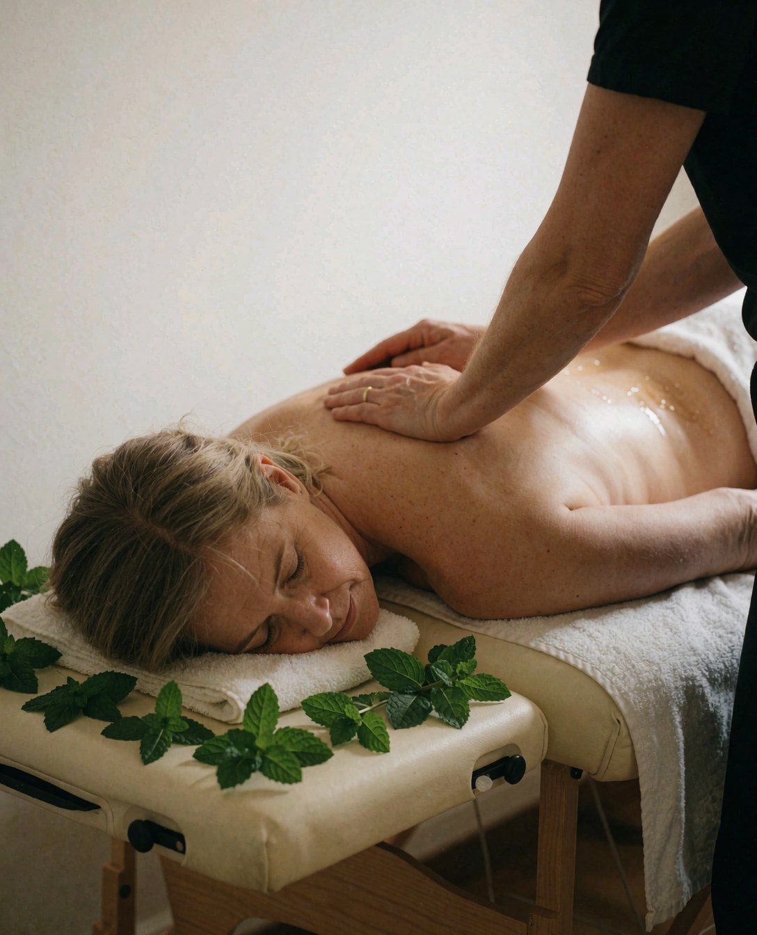 Therapist performing Swedish massage with mint oil on a table decorated with green leaves in a warm, relaxing atmosphere.