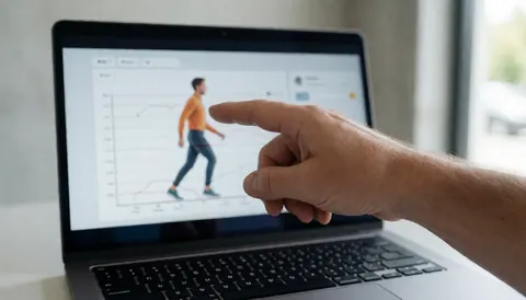A hand pointing to a stress analysis chart displayed on a laptop screen in an office setting