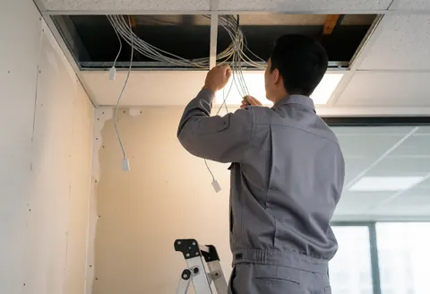 Electrician installing network cables on an office ceiling with drywall and a ladder during construction