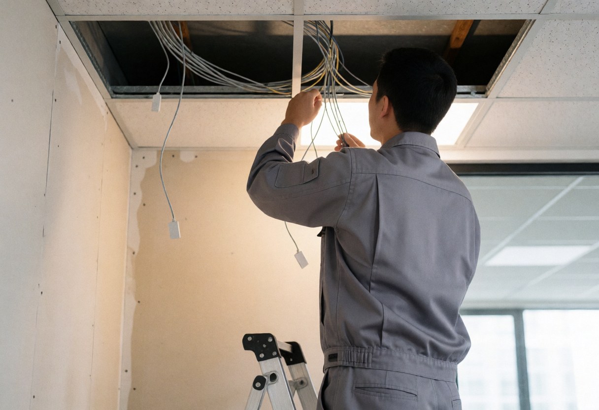 Electrician installing network cables on an office ceiling with drywall and a ladder during construction