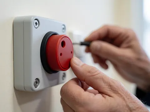 Close-up of an electrician's hand adjusting a red switch on a white wall, highlighting electrical work details.