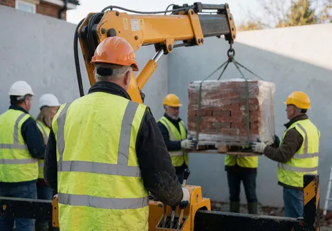 Worker in safety gear controls a yellow knuckle boom crane lifting a pallet of bricks at a construction site