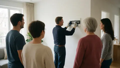 An electrician wearing gloves and safety glasses installs an electrical panel on a white wall while four people watch in a modern room.