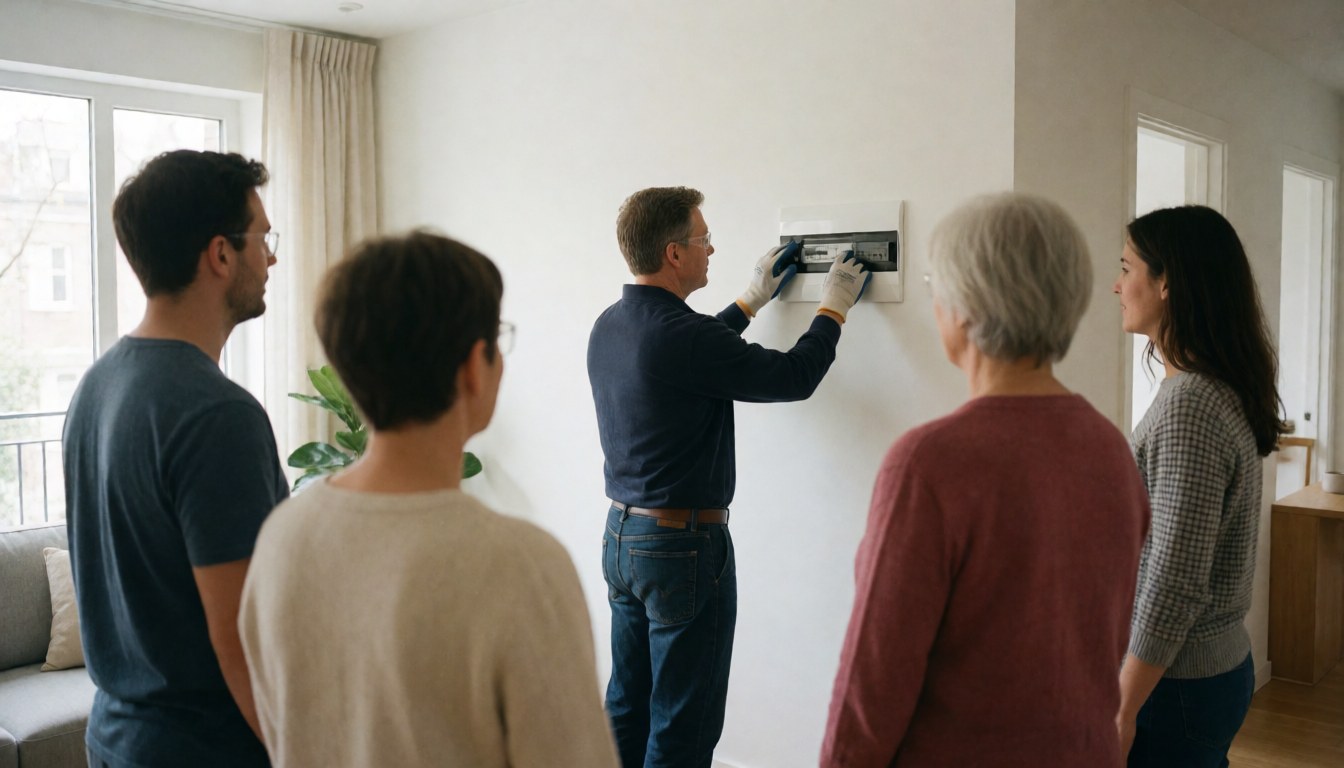 An electrician wearing gloves and safety glasses installs an electrical panel on a white wall while four people watch in a modern room.