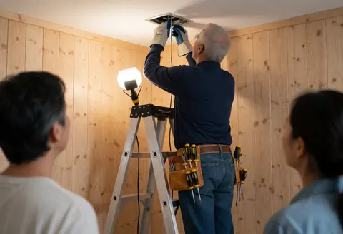 Electrician working on a junction box with a portable light, wooden walls, two people observing the service.
