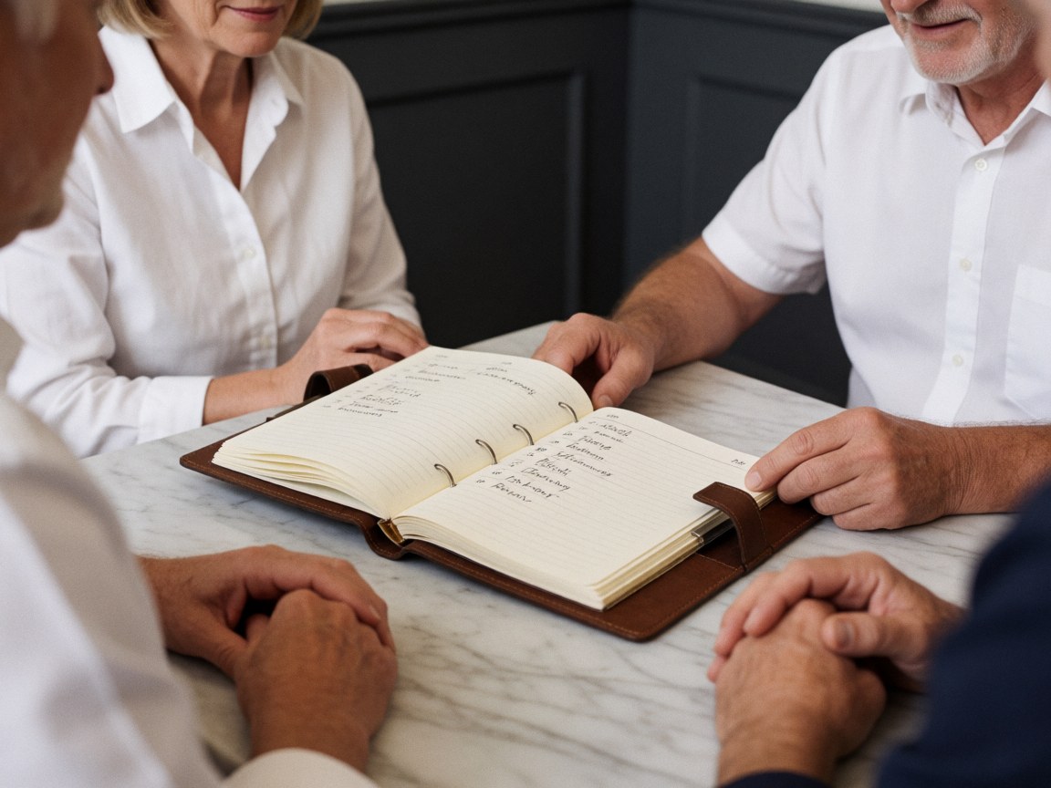 Close-up of hands flipping through a reservation logbook on a marble table in a bar with gray charcoal walls.