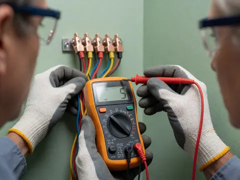 Electrician using a digital multimeter to measure voltage on copper terminals while wearing protective gear.