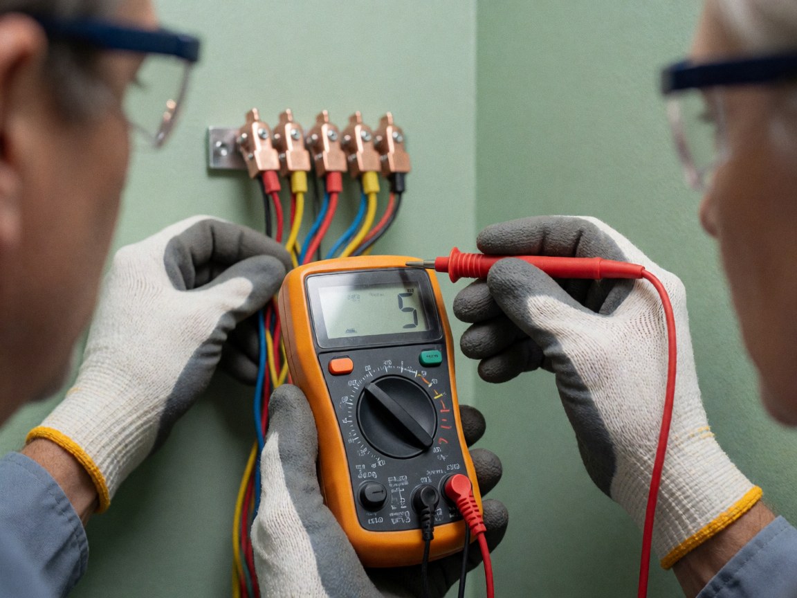 Electrician using a digital multimeter to measure voltage on copper terminals while wearing protective gear.