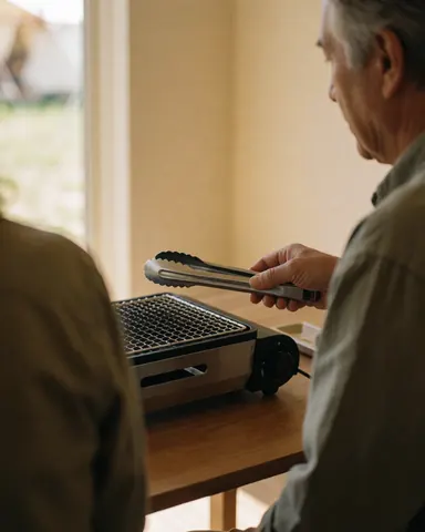 A customer using tongs on a portable grill placed on a wooden table with a natural camping background.
