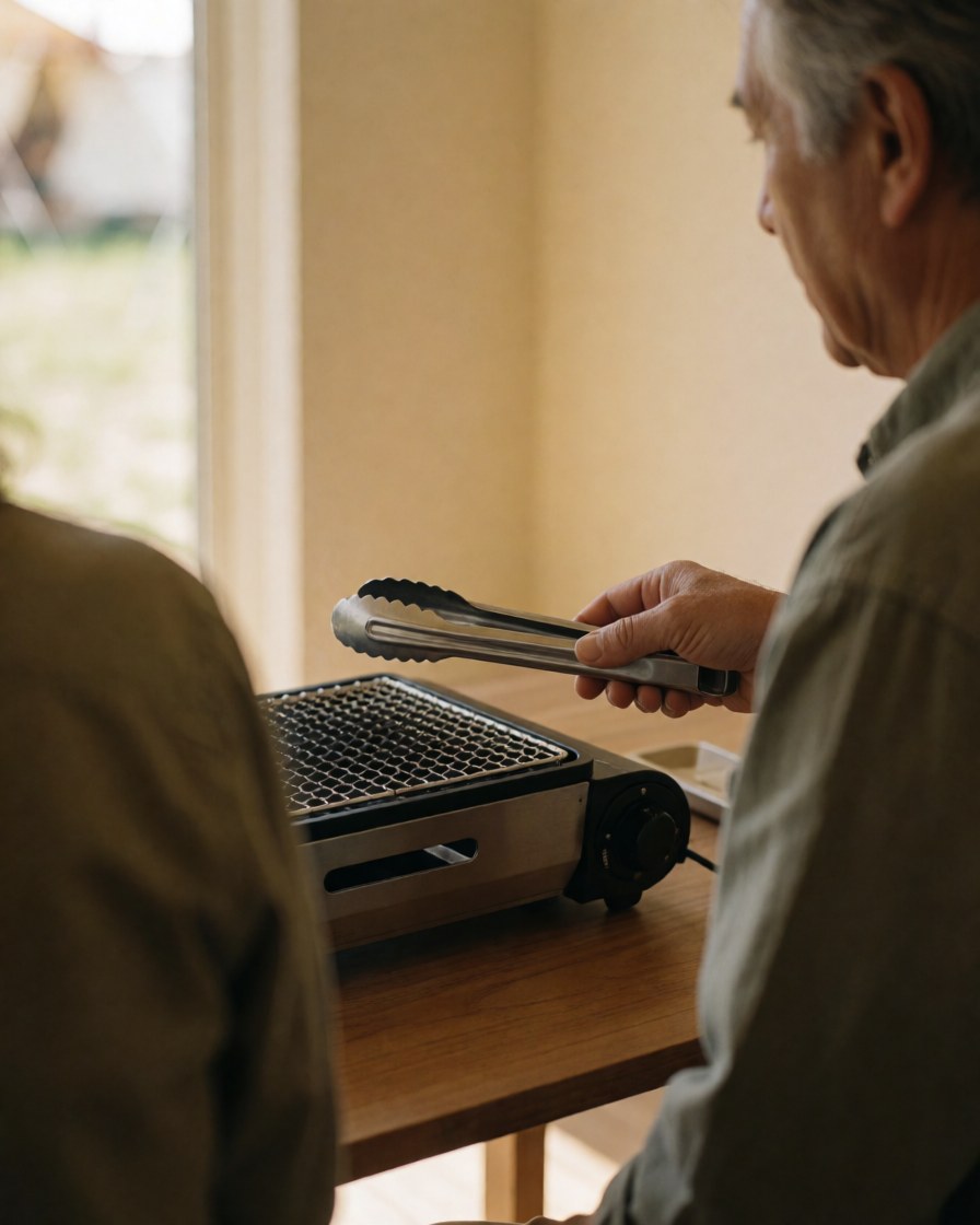 A customer using tongs on a portable grill placed on a wooden table with a natural camping background.