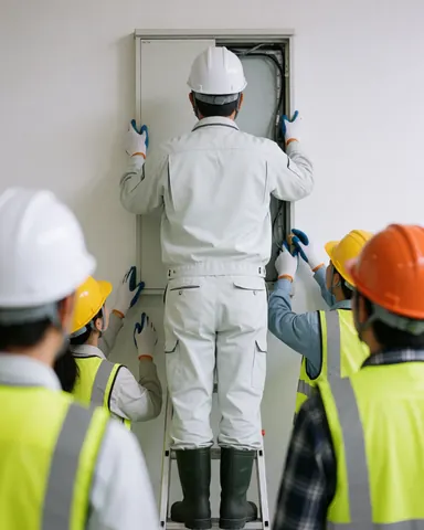 Electrician in white uniform and helmet installing an electrical panel on a white wall surrounded by workers in reflective vests