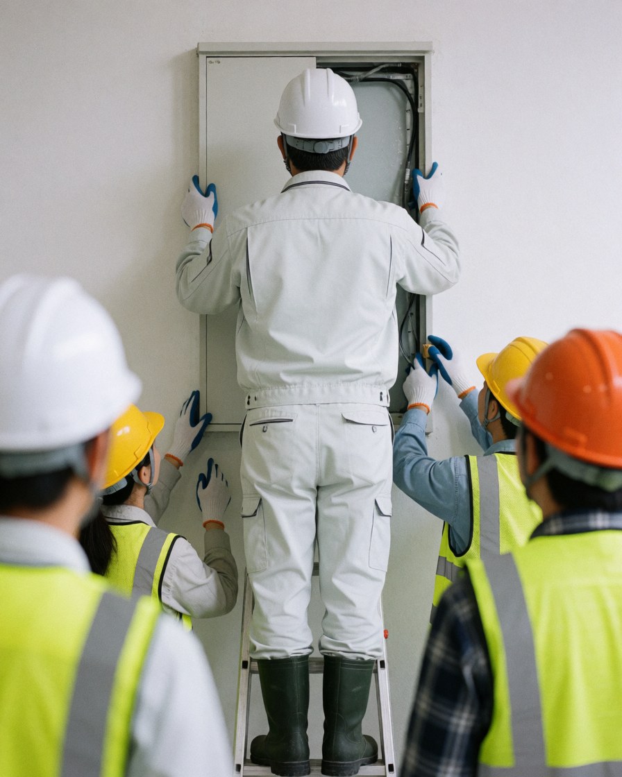 Electrician in white uniform and helmet installing an electrical panel on a white wall surrounded by workers in reflective vests