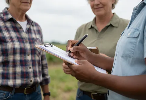 An agricultural specialist writes irrigation plans on a clipboard in a field with two clients under a cloudy sky.