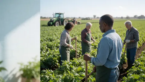 Farm workers holding tools while working in a green field with a tractor visible in the background.