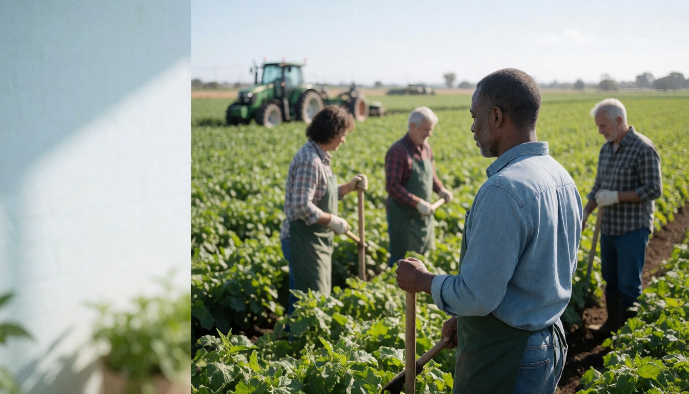 Farm workers holding tools while working in a green field with a tractor visible in the background.