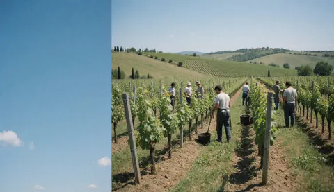 Workers tending vines in a Tuscan vineyard with green mountains and blue sky, agricultural scene