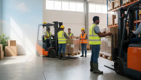 Workers in a warehouse moving pallets with forklifts, with natural light and high racks, logistics scene.