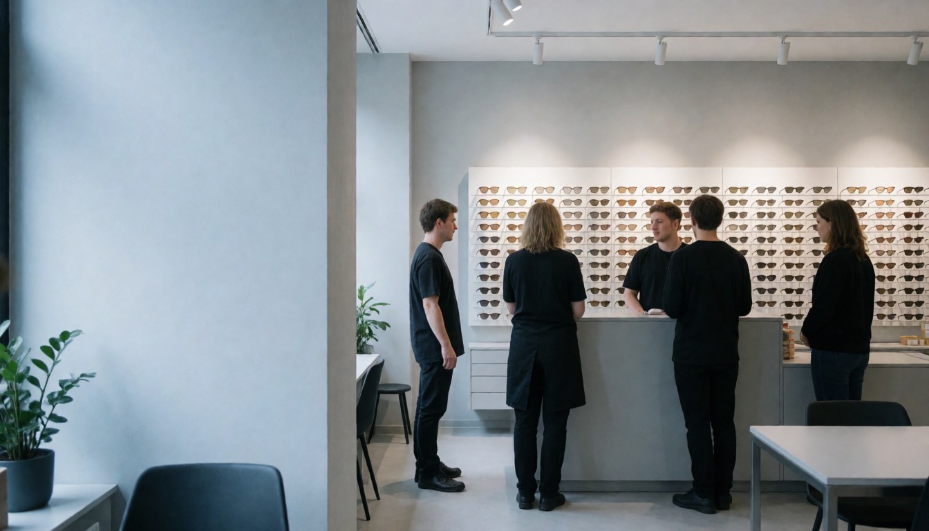 Modern optical shop reception featuring a display wall of eyeglasses, tables, and people, suitable for a website homepage.