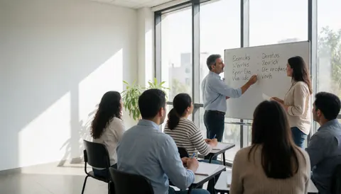 Language teacher writing verbs on a whiteboard while students take notes in a bright classroom with large windows.